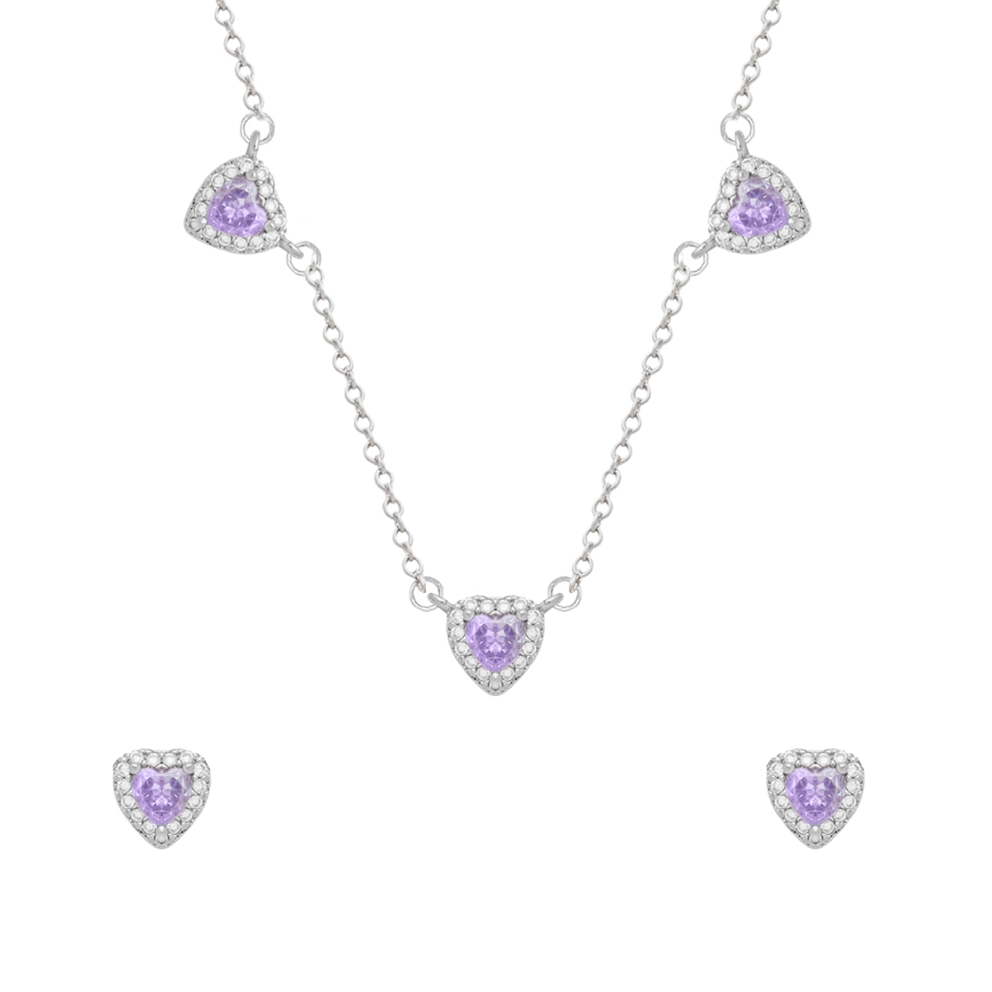 Conjunto Prateado de Coração Lilás Cravejado de Zircônia