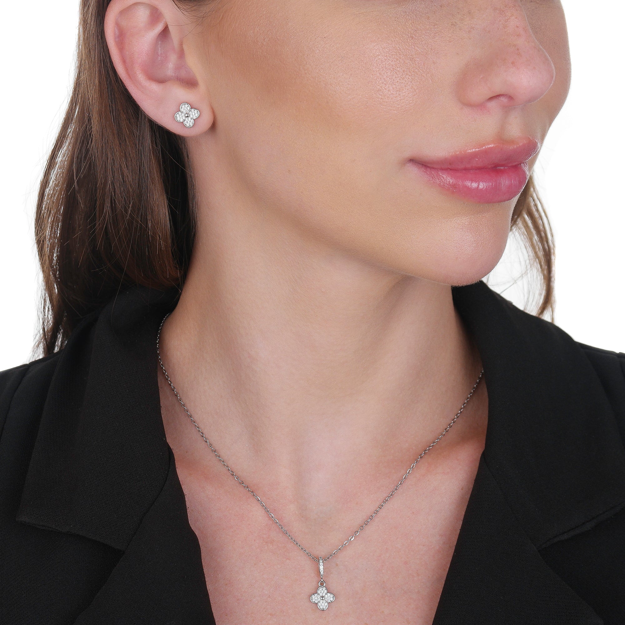 Conjunto Prateado de Trevo Cravejado de Zircônia - Galeria