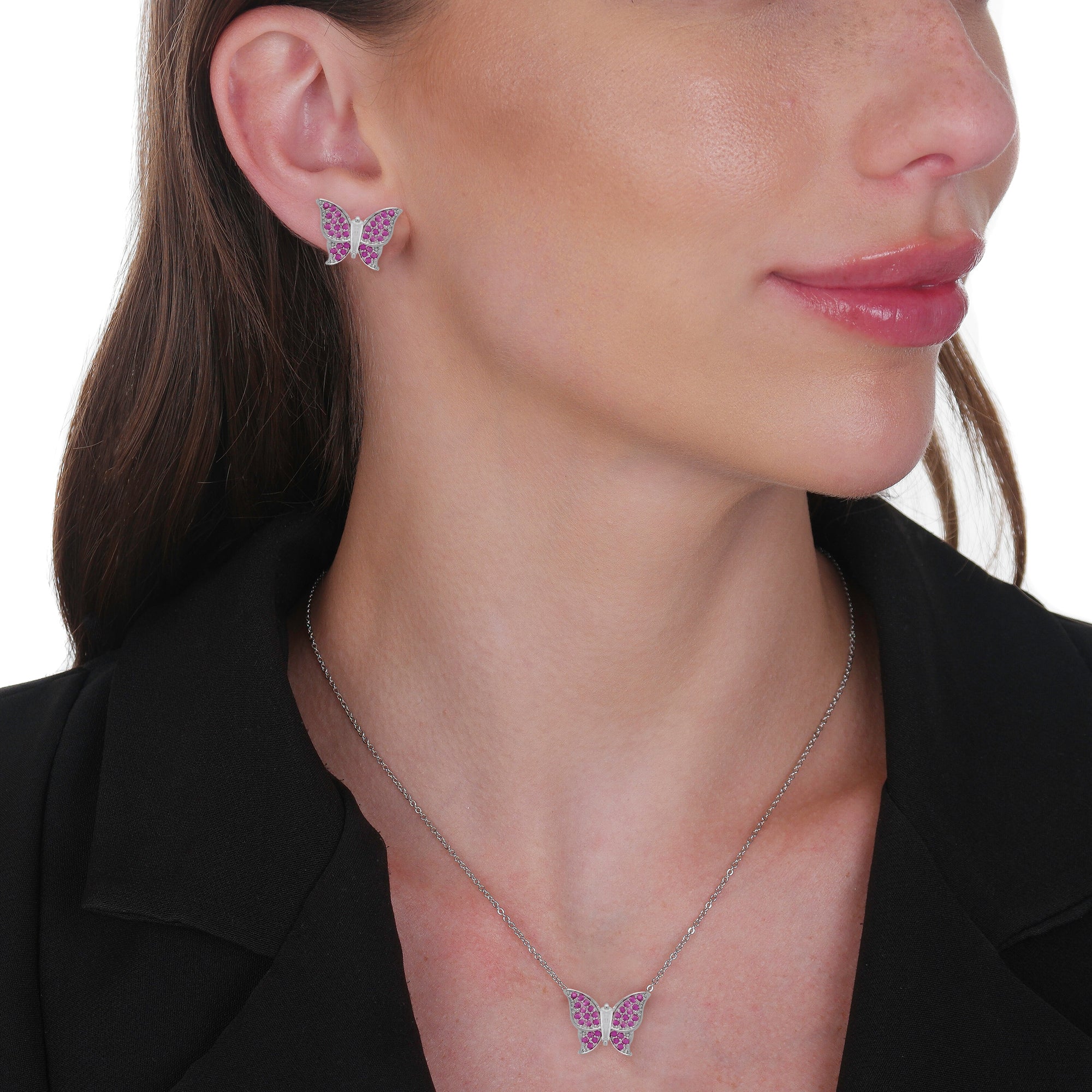 Conjunto Prateado de Borboletas Cravejado de Zircônia Rosa - Galeria