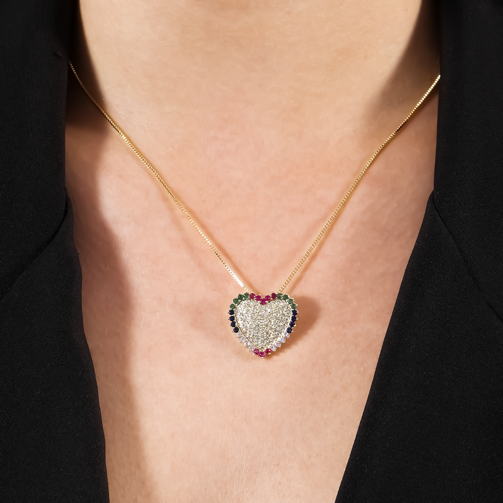 Colar Dourado de Coração com Pedras Coloridas - Galeria