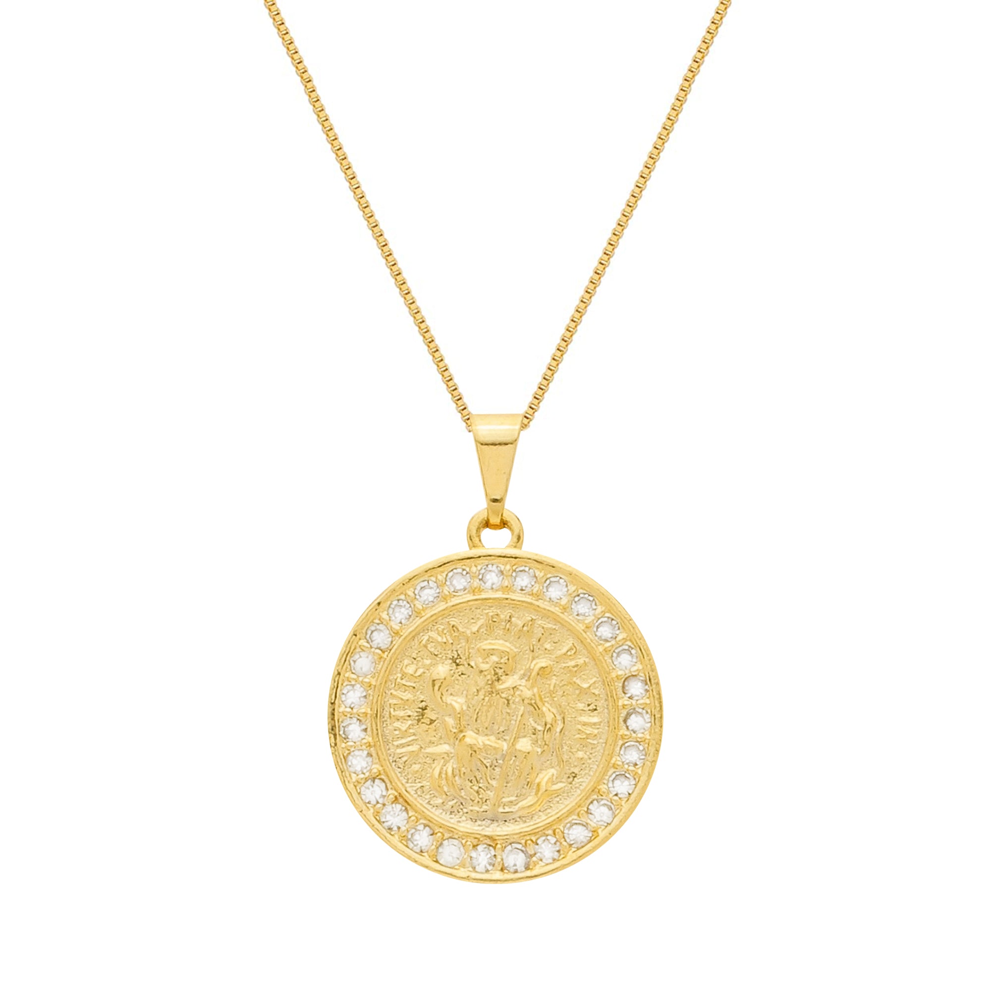 Colar Dourado Medalha São Miguel Arcanjo Cravejado de Zircônia