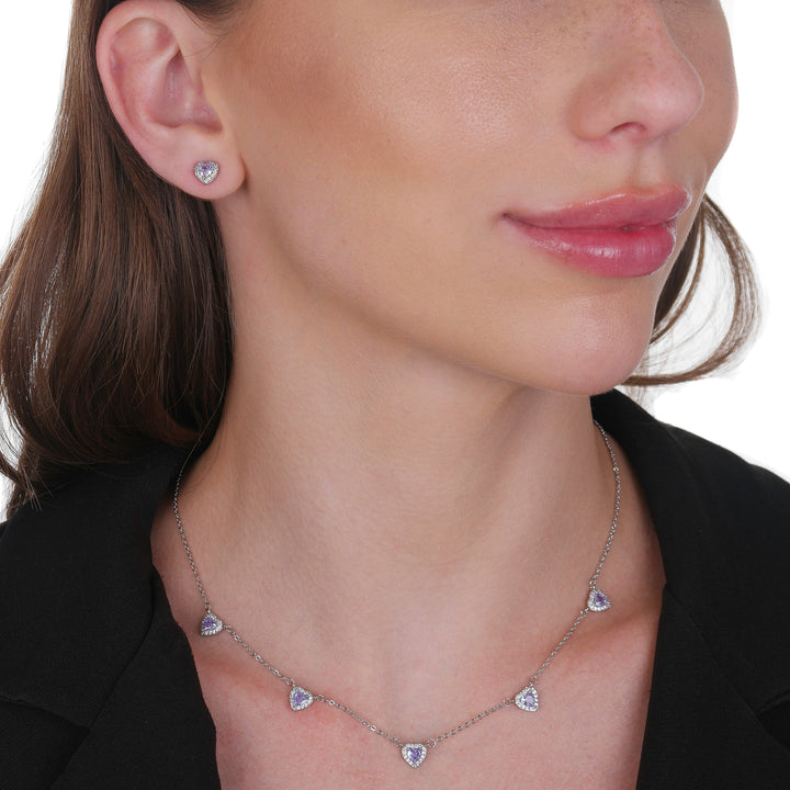 Conjunto Prateado de Coração Lilás Cravejado de Zircônia - Galeria