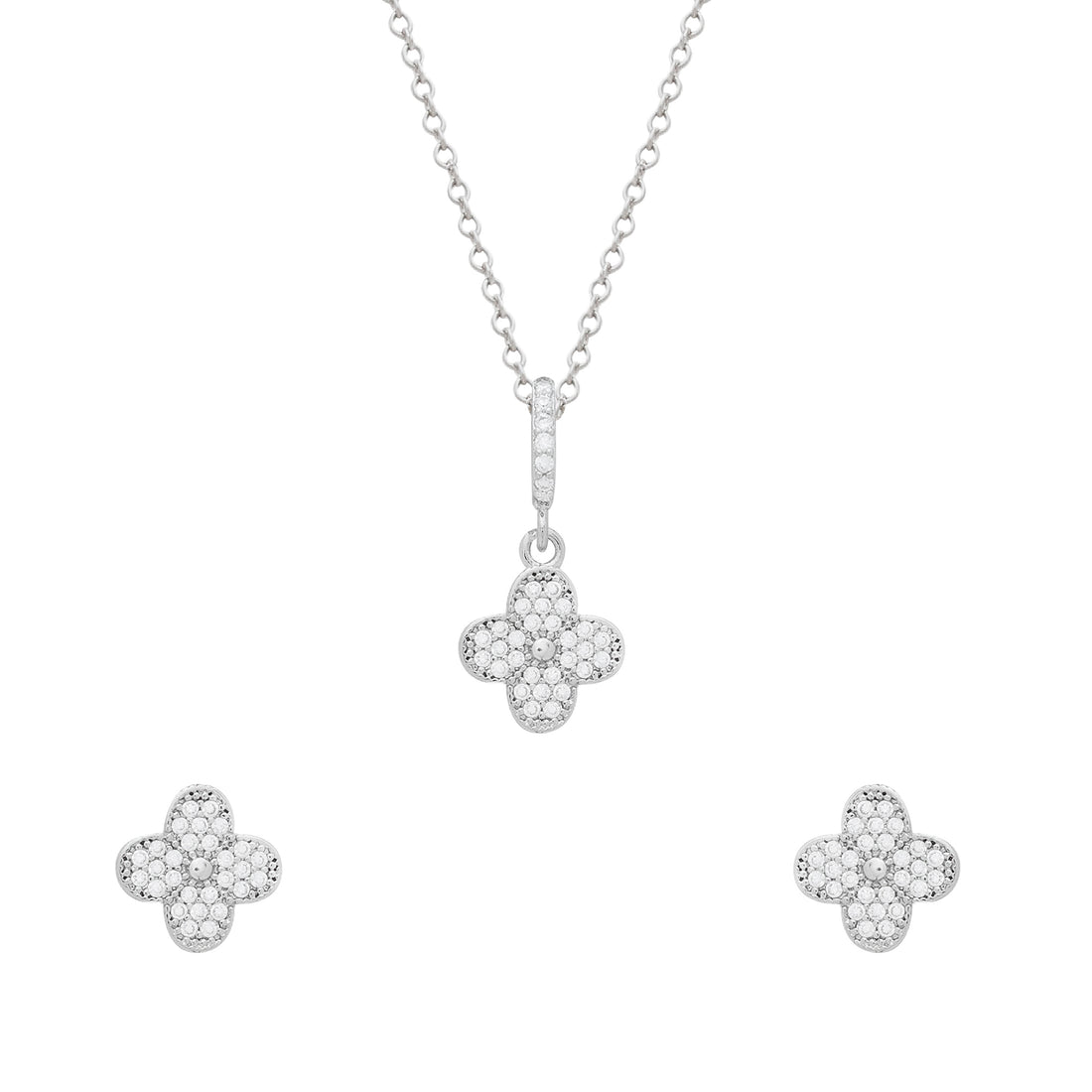 Conjunto Prateado de Trevo Cravejado de Zircônia