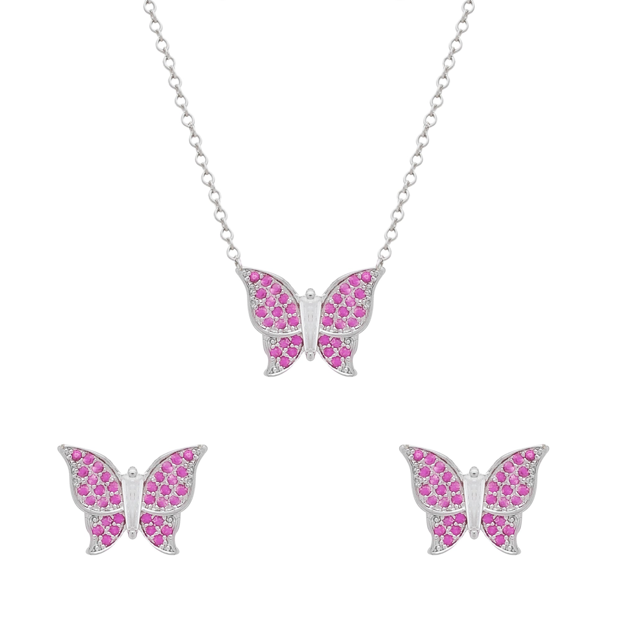 Conjunto Prateado de Borboletas Cravejado de Zircônia Rosa